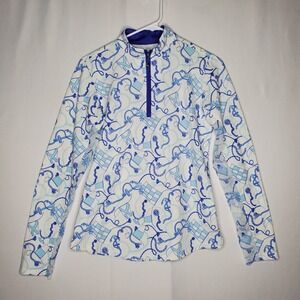 San Soleil UPF Active Top Women Small Zip Blue Anchor Nautical Coastal Mesh Golf